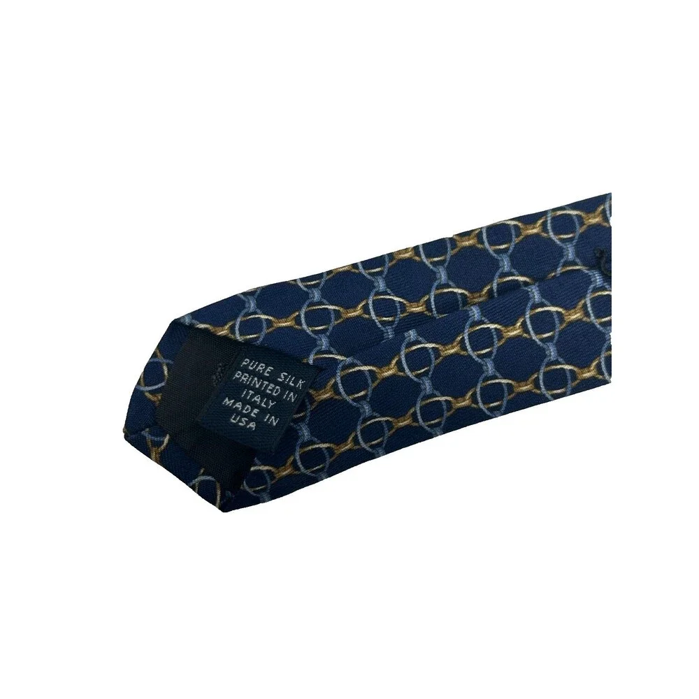 Brooks Brothers Makers Silk Tie Navy Blue Gold Horsebit Equestrian 57.25” x 3.75